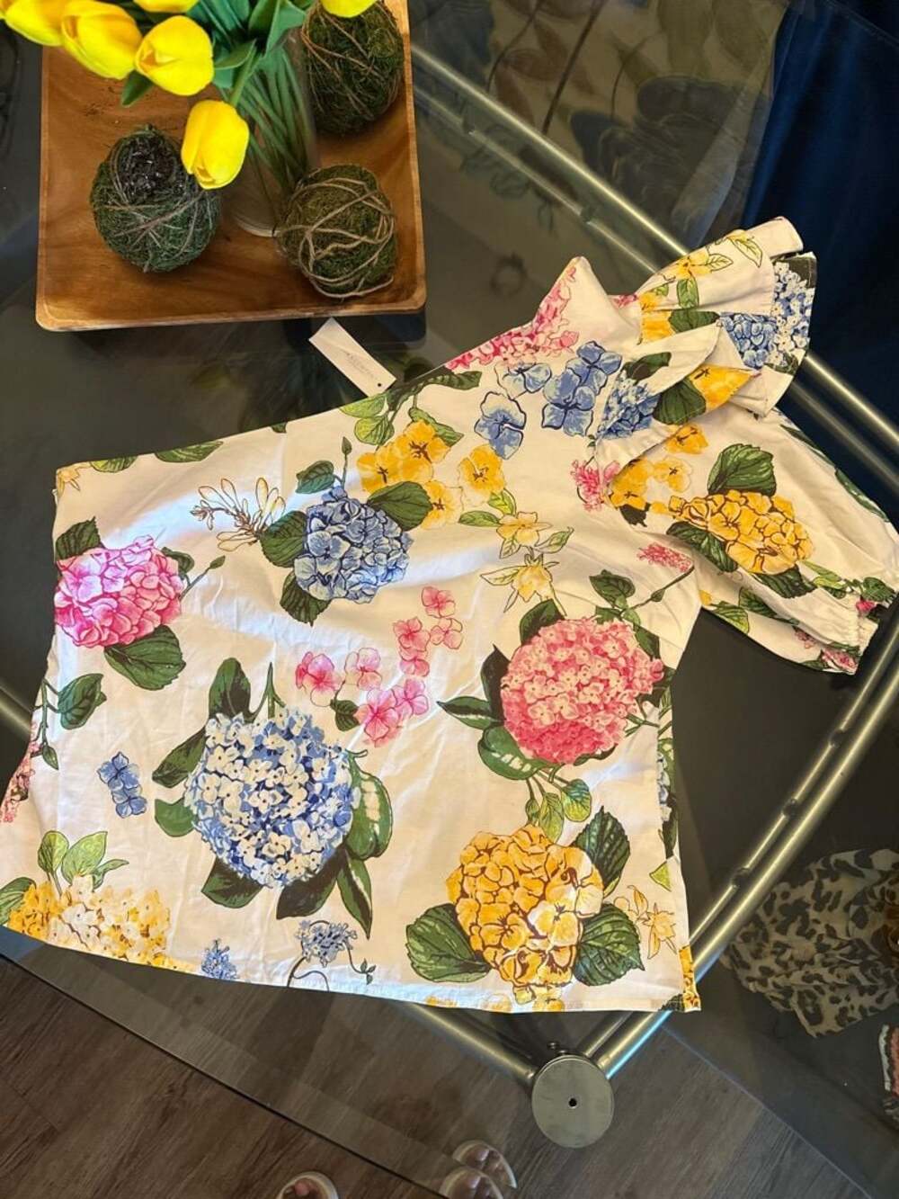 New York & Company One-Sleeve Floral Blouse